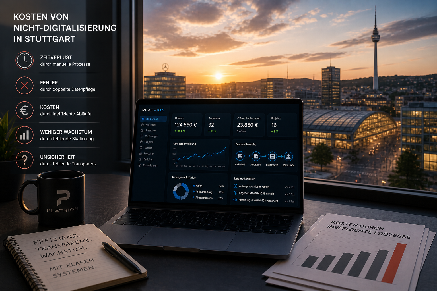 Platrion Dashboard auf Laptop vor Stuttgarter Skyline mit Fernsehturm bei Sonnenuntergang, links Liste der versteckten Kosten von Nicht Digitalisierung wie Zeitverlust, Fehler, Ineffizienz, Wachstumsbremse und fehlende Transparenz