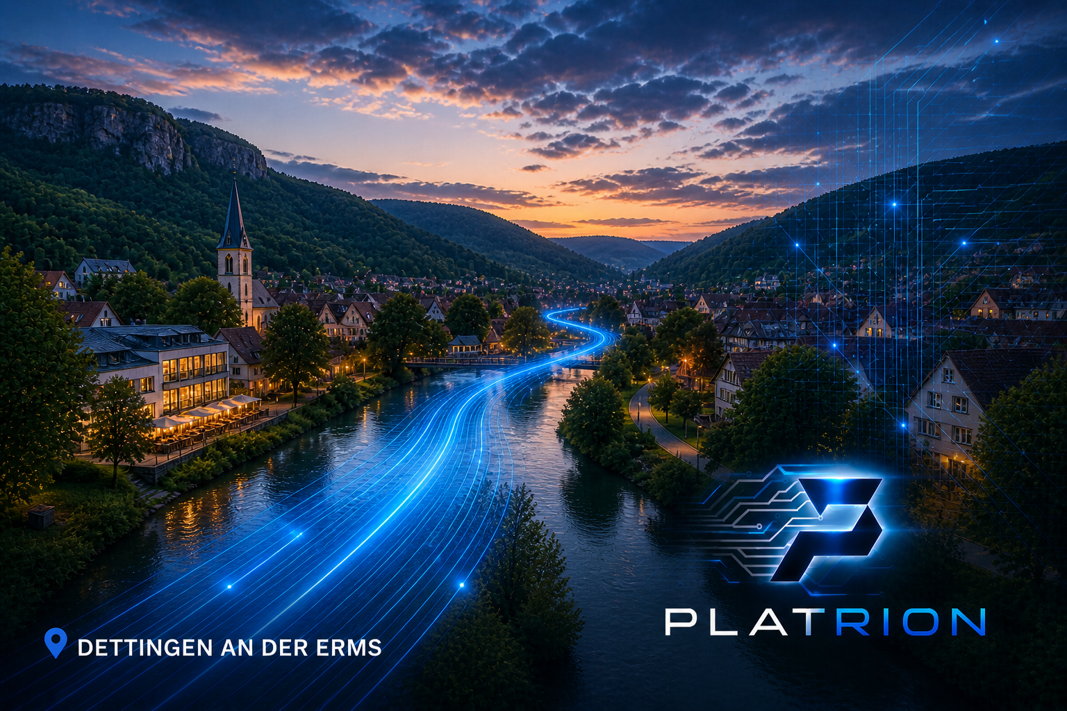 Dettingen an der Erms aus der Vogelperspektive mit Erms-Fluss, Stadtkirche und Schwäbischer Alb im Hintergrund, blaue Lichtströme im Wasser, Platrion Logo, Standortpin Dettingen an der Erms