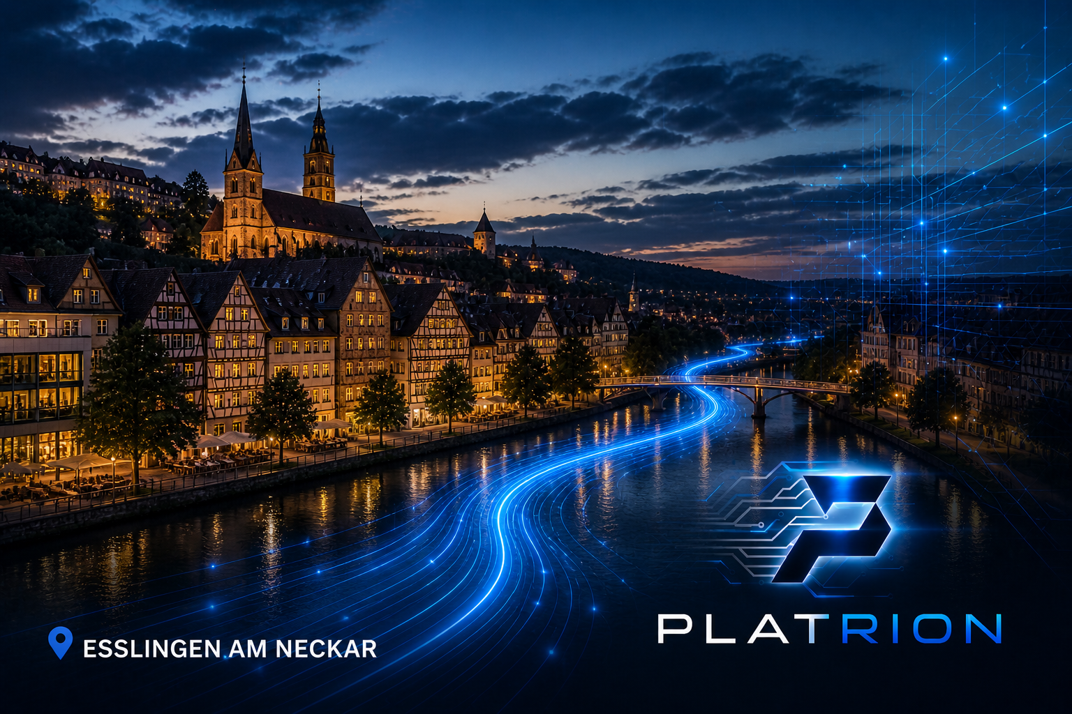 Esslingen am Neckar mit Frauenkirche, Fachwerkhäusern an der Neckarpromenade und Brücke im Sonnenuntergang, blaue Lichtströme über den Neckar, Platrion Logo, Standortpin Esslingen am Neckar