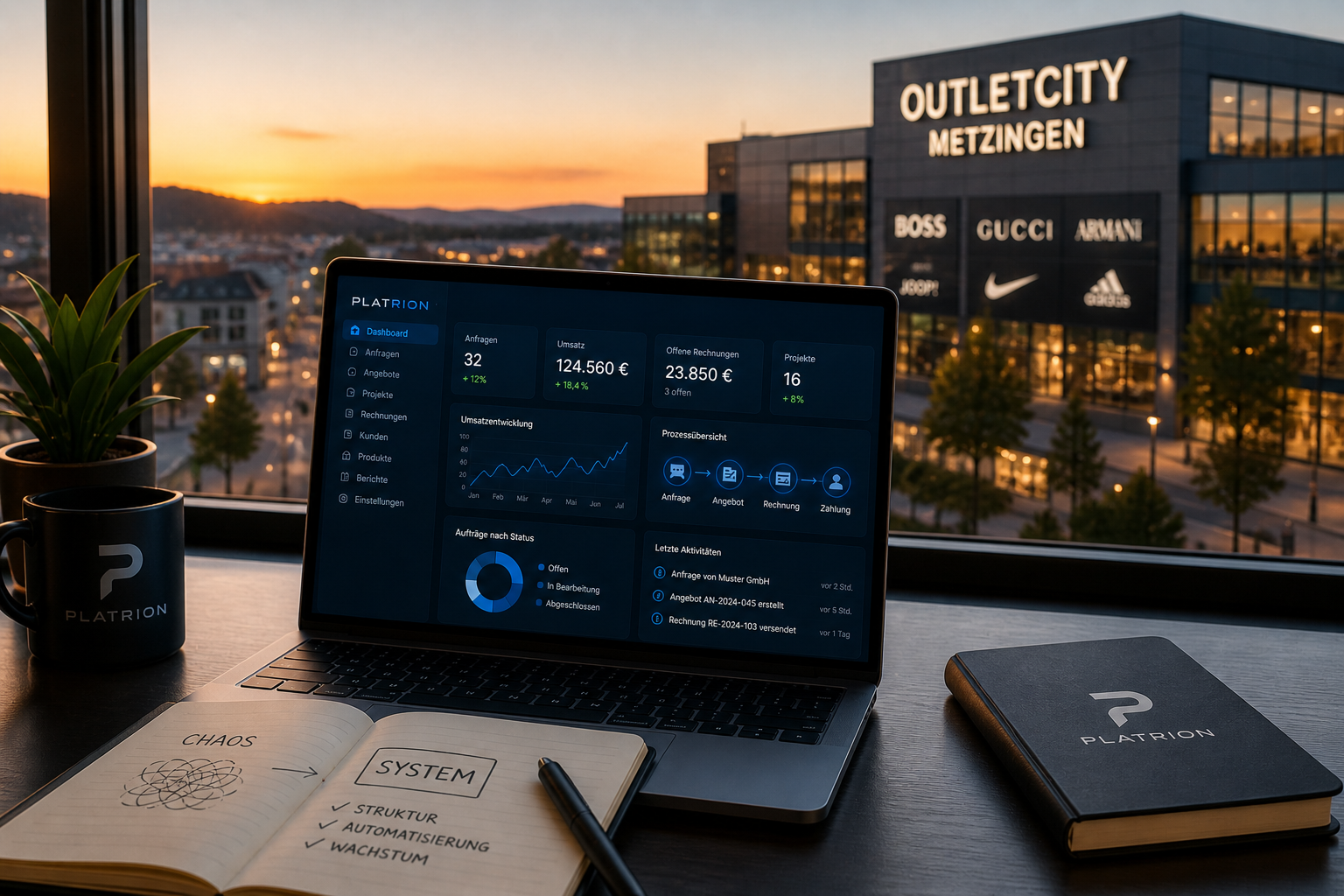 Platrion Dashboard auf Laptop vor Outletcity Metzingen Hintergrund mit beleuchteten Markenshops, davor ein Notizbuch mit Skizze Chaos zu System, Strukturen, Automatisierung und Wachstum
