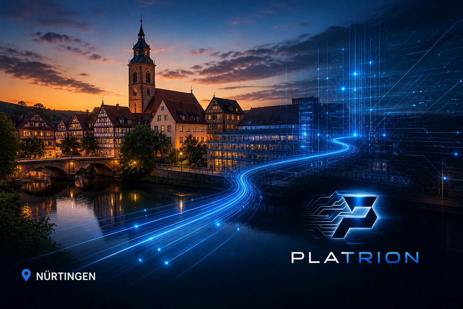 Nürtingen mit der Stadtkirche St. Laurentius, Fachwerkhäusern an der Neckarpromenade und alter Steinbrücke im Sonnenuntergang, blaue Lichtströme im Neckar, Platrion Logo, Standortpin Nürtingen