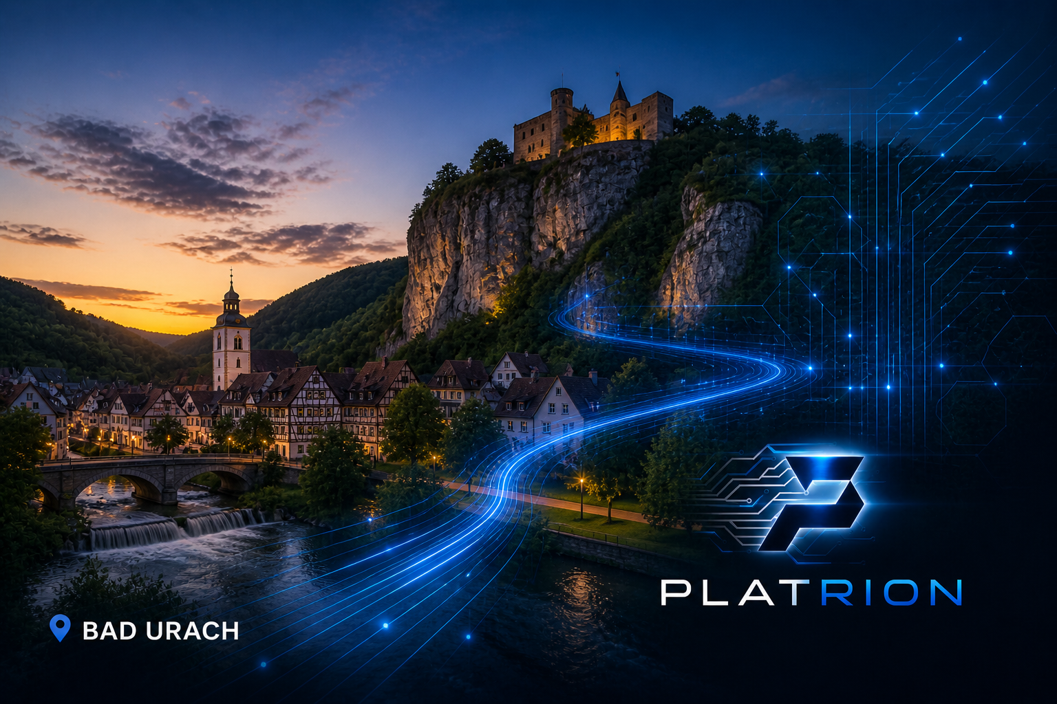Bad Urach mit Stiftskirche, Fachwerk-Altstadt, alter Steinbrücke über die Erms und Burgruine Hohenurach auf einem Felsen im Sonnenuntergang, blaue Lichtströme als Straßenverkehr, Platrion Logo, Standortpin Bad Urach