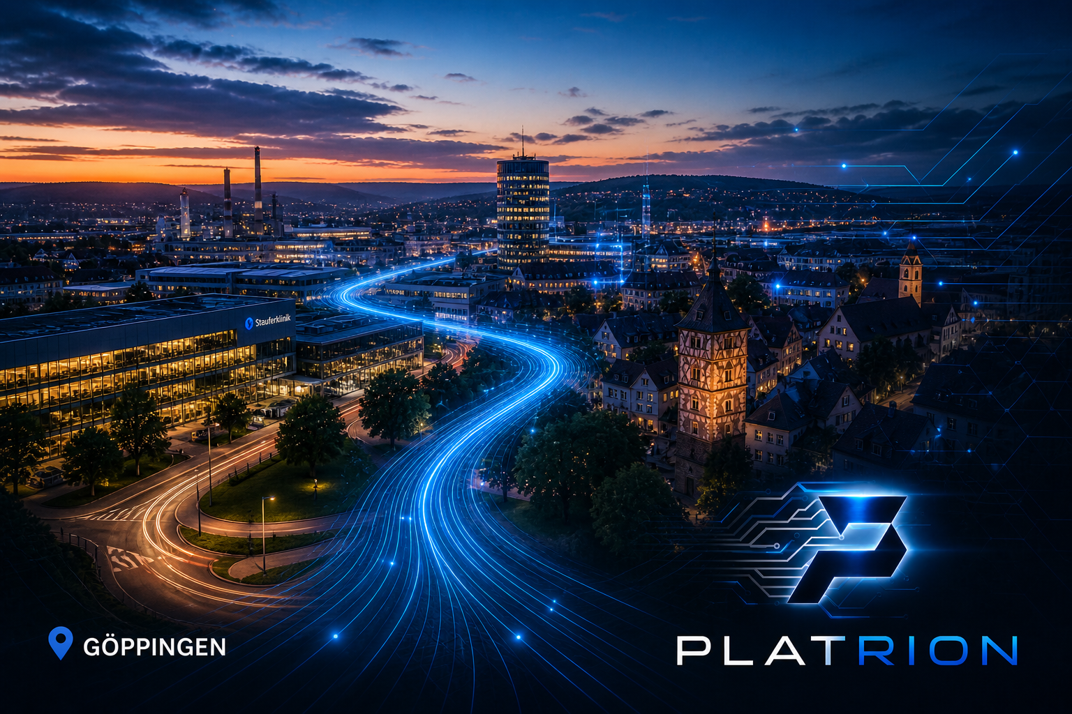 Göppingen Skyline mit Stauferklinik, Industriegebäuden, Fachwerk-Altstadt und Stauferland-Hügeln im Sonnenuntergang, blaue Lichtströme über Straßenkreuzung, Platrion Logo, Standortpin Göppingen