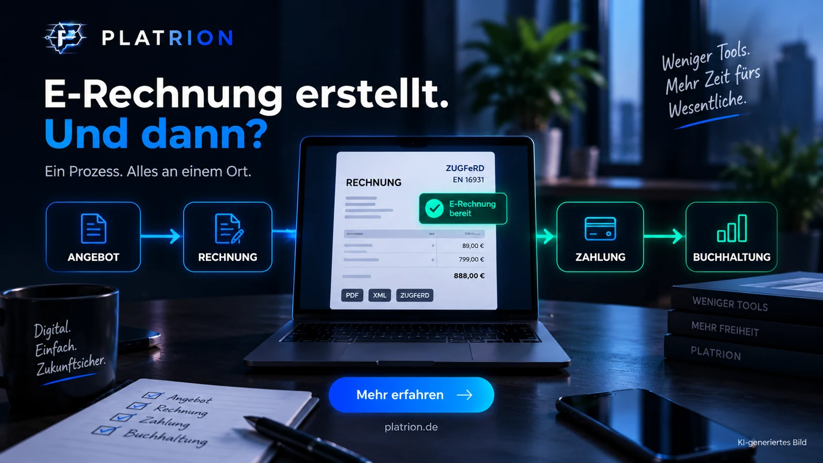 Platrion-Prozessillustration mit der Frage „E-Rechnung erstellt. Und dann?“ und den Schritten Angebot, Rechnung, Zahlung und Buchhaltung.
