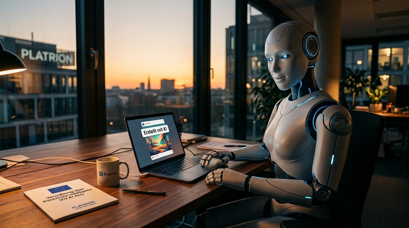 KI-generiertes Symbolbild: Humanoider Roboter in einem deutschen Büro bei Sonnenuntergang, prüft auf einem Laptop-Bildschirm einen Social-Media-Post mit der Kennzeichnung „Erstellt mit KI“, daneben eine EU-Verordnung zur Künstlichen Intelligenz und eine Platrion-Tasse.