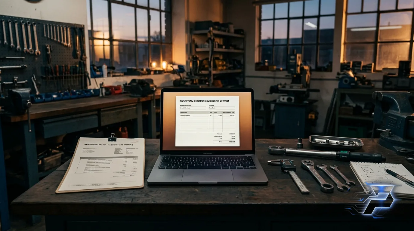 KI-generiertes Symbolbild: Werkbank in einer kleinen deutschen Werkstatt bei Dämmerung, aufgeklappter Laptop mit digitalem Rechnungs-Formular, ausgedrucktes Angebot daneben, Werkzeug wie Drehmomentschlüssel und Messschieber ordentlich arrangiert, Symbolbild für die Verbindung von Handwerk und digitalen Werkzeugen.